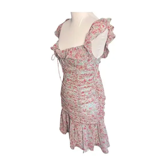 Anthropologie ASTR the Label S Floral Ruched Ruffle Mini Dress Milkmaid Coquette - Picture 4 of 12